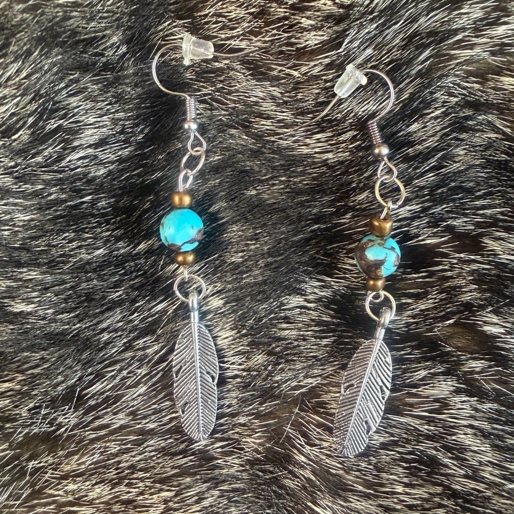 Silver and Turquoise Feather Earrings